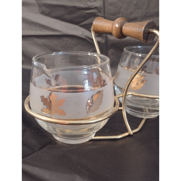 Mid Century Libbey Glass Frosted Gold Leaf Sugar & Creamer in Metal Holder - Picture 2 of 7